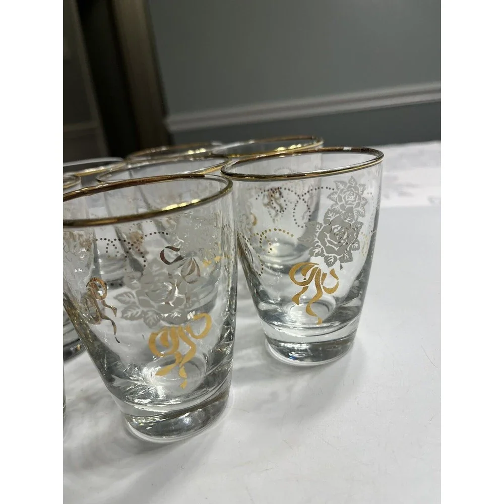 8 Vintage LIBBEY WHITE gold floral Juice GLASSES, 5 oz, flared